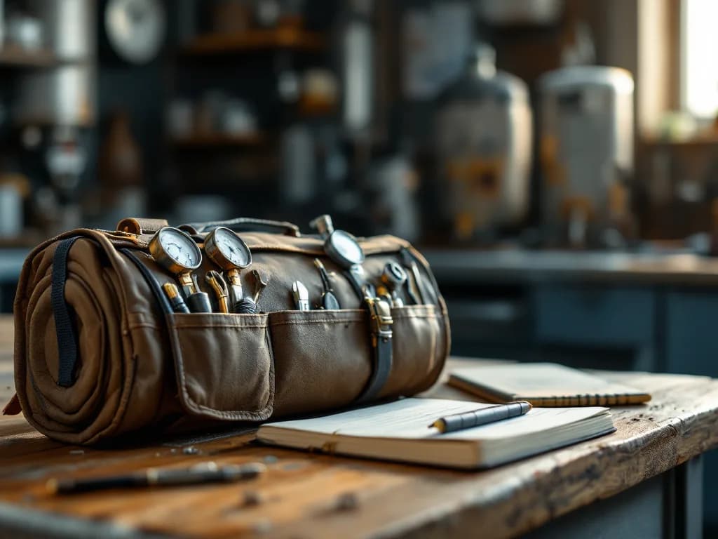 Maletín de herramientas técnicas y libreta de trabajo sobre un banco de taller