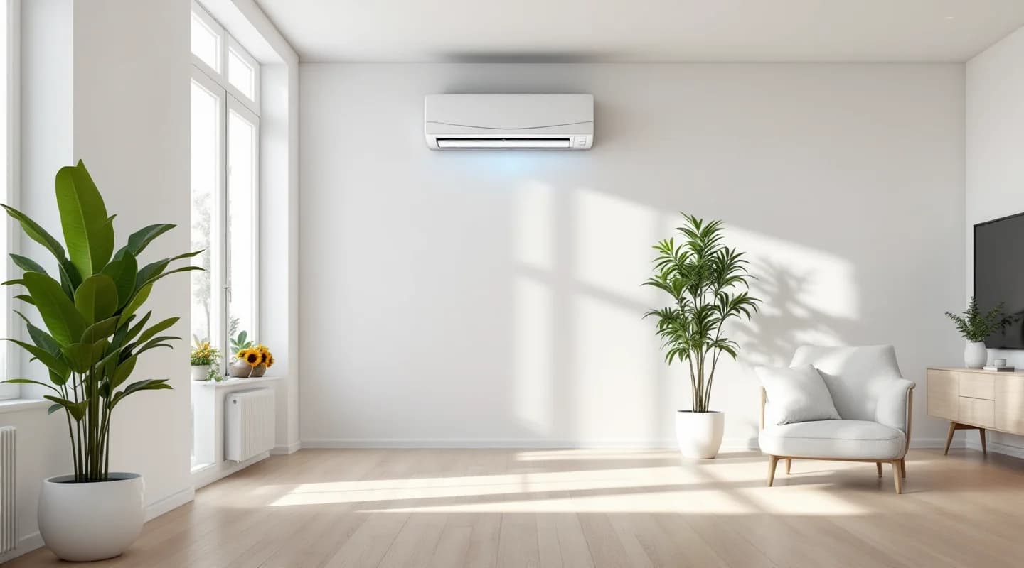 Bright residential living room with an air-conditioning unit — illustrative image