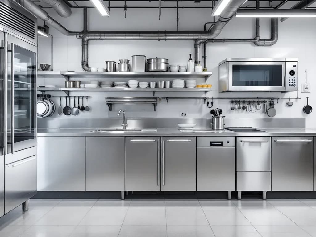 Mesa refrigerada de acero inoxidable recién instalada en cocina profesional