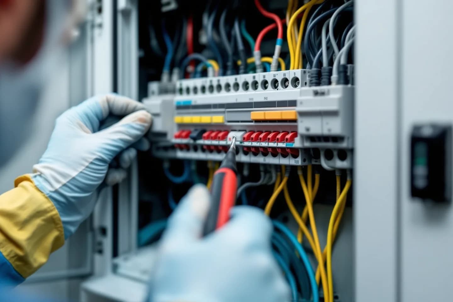 Inspección eléctrica con multímetro digital en cuadro de control