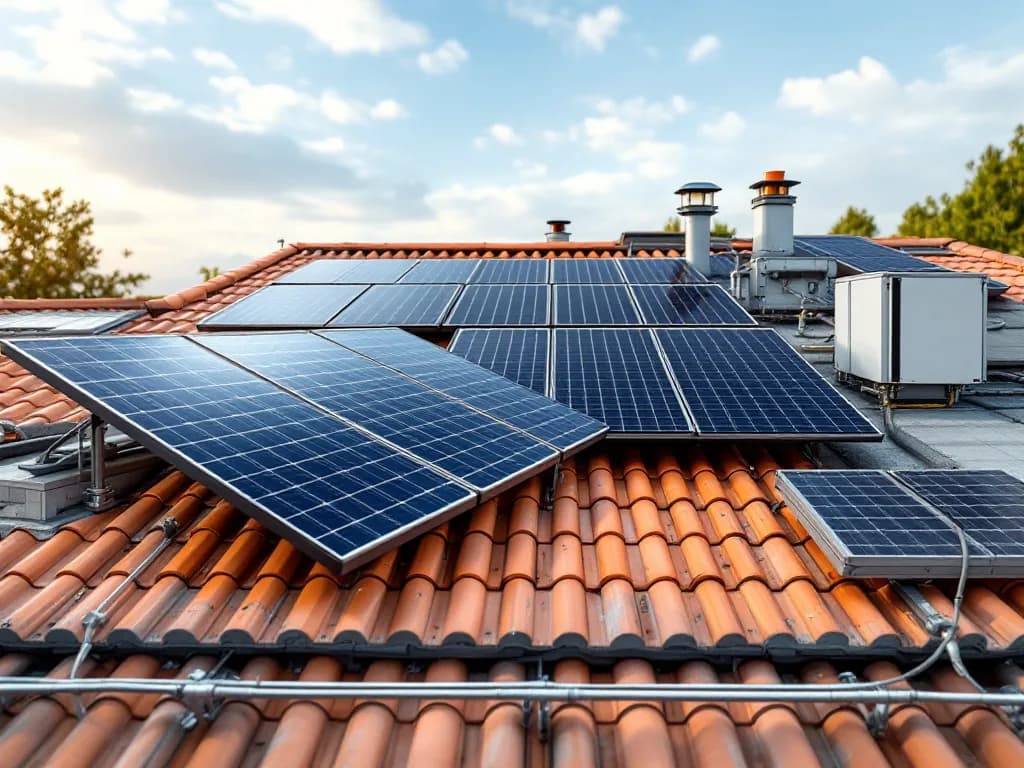 Instalación fotovoltaica en tejado con paneles solares e inversor