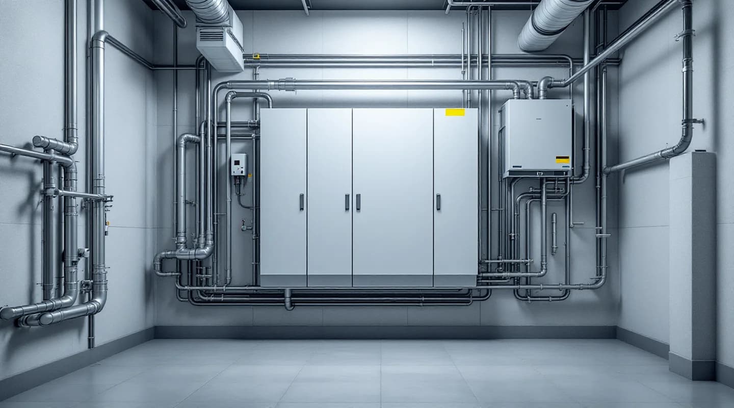 Sala técnica que combina tuberías de refrigeración, cuadro eléctrico y conductos de ventilación