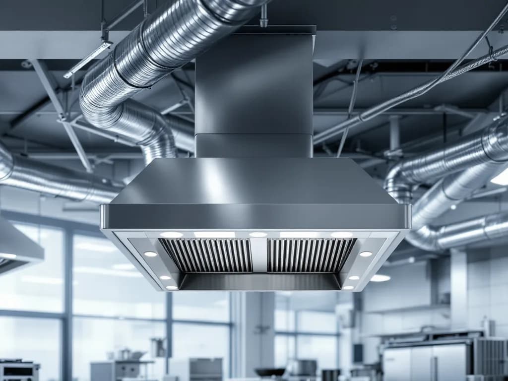 Campana de extracción industrial conectada a conductos de ventilación en techo técnico